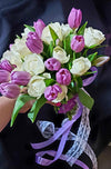 Spring Bouquet with Purple Tulips and White Roses