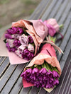 Bouquet of Purple Tulips and Pink Roses in Elegant Packaging