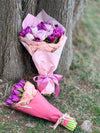Bouquet of Purple Tulips and Pink Roses in Elegant Packaging
