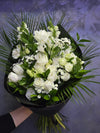 Buchet Funerar Alb Elegant – Trandafiri, Lisianthus și Alstroemeria
